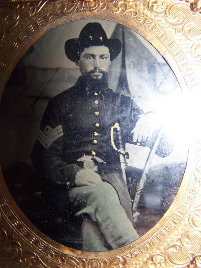 A Civil War Ambrotype Photo circa 1863 of a Union Sergeant sitting in front of a field tent along with his G A R medal. — image 2